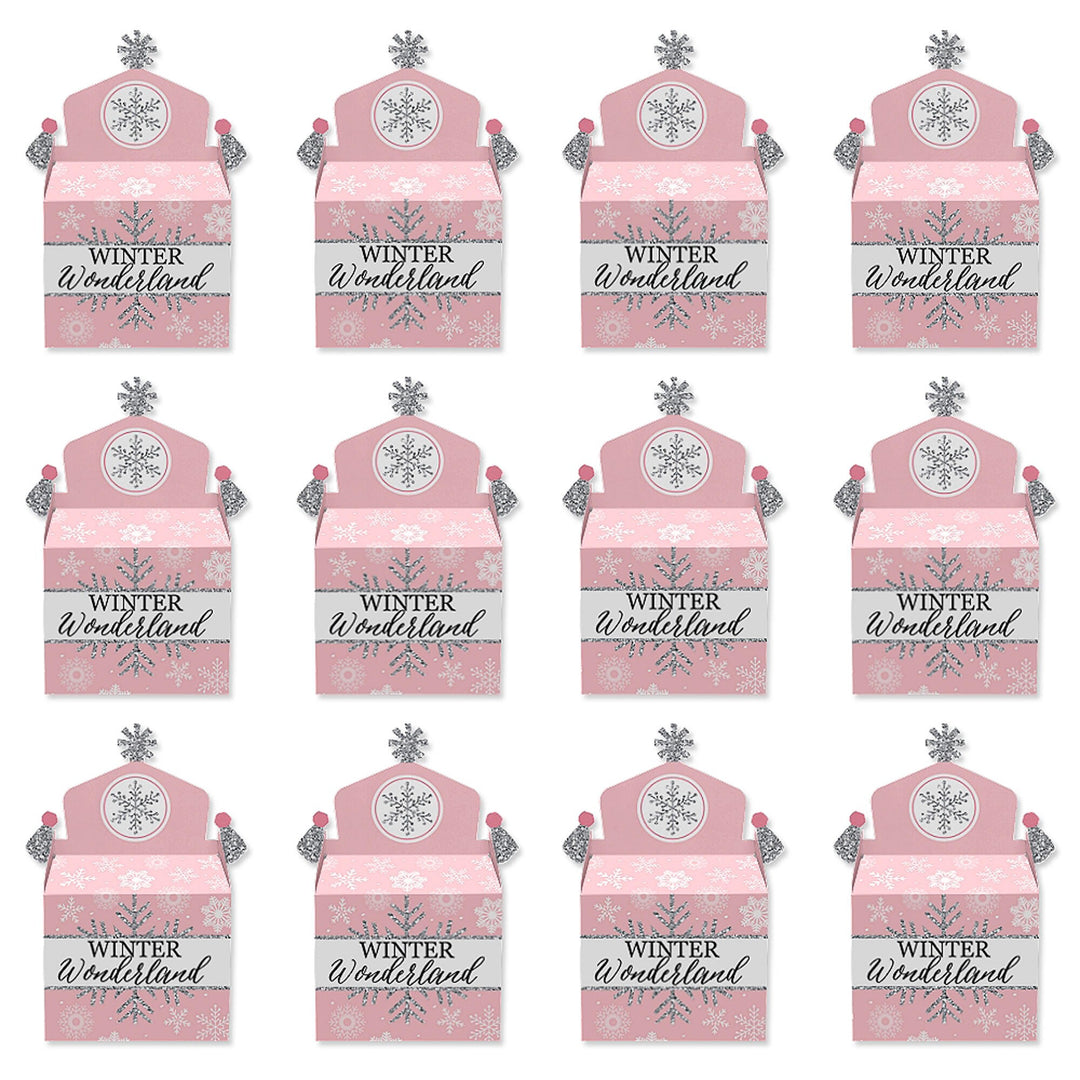 Pink Winter Wonderland - Treat Box Party Favors - Holiday Snowflake Birthday Party and Baby Shower Goodie Gable Boxes - Set of 12