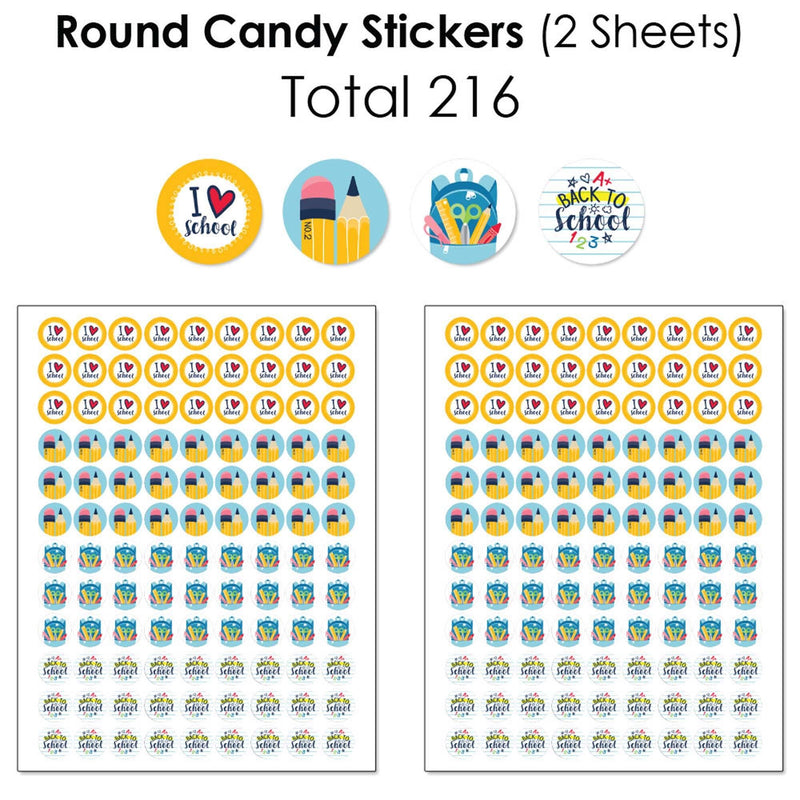 Back to School - Mini Candy Bar Wrappers, Round Candy Stickers and Circle Stickers - First Day of School Classroom Decorations Candy Favor Sticker Kit - 304 Pieces