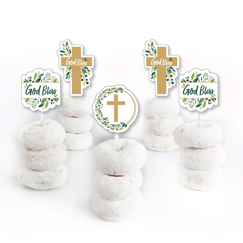 Elegant Cross - Dessert Cupcake Toppers - Religious Party Clear Treat Picks - Set of 24