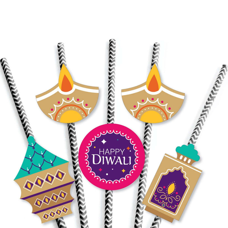 Happy Diwali - Paper Straw Decor - Festival of Lights Party Striped Decorative Straws - Set of 24