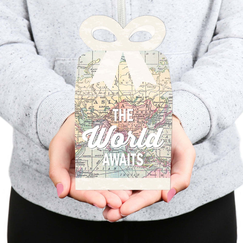 World Awaits - Square Favor Gift Boxes - Travel Themed Party Bow Boxes - Set of 12