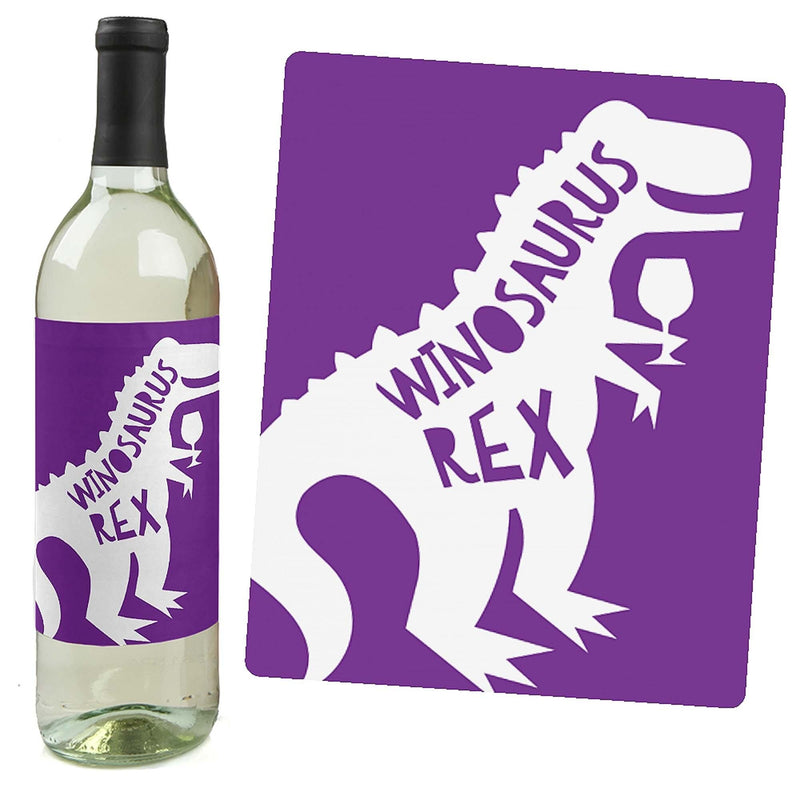 Roar Dinosaur Girl - Dino Mite T-Rex Birthday Party Decorations for Women and Men - Wine Bottle Label Stickers - Set of 4