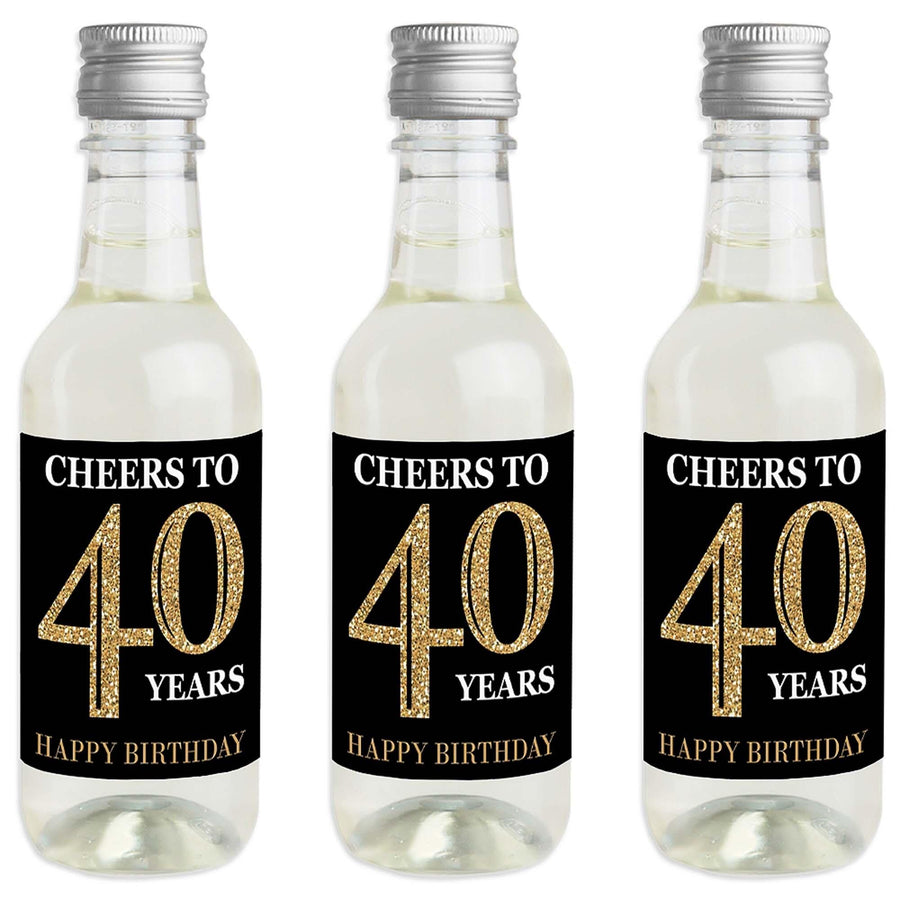 Three mini wine bottles with labels that say 'CHEERS TO 40 YEARS' and 'HAPPY BIRTHDAY', in black and gold colors.