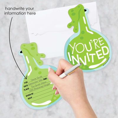 Scientist Lab - Shaped Fill-In Invitations - Mad Science Baby Shower or Birthday Party Invitation Cards with Envelopes - Set of 12