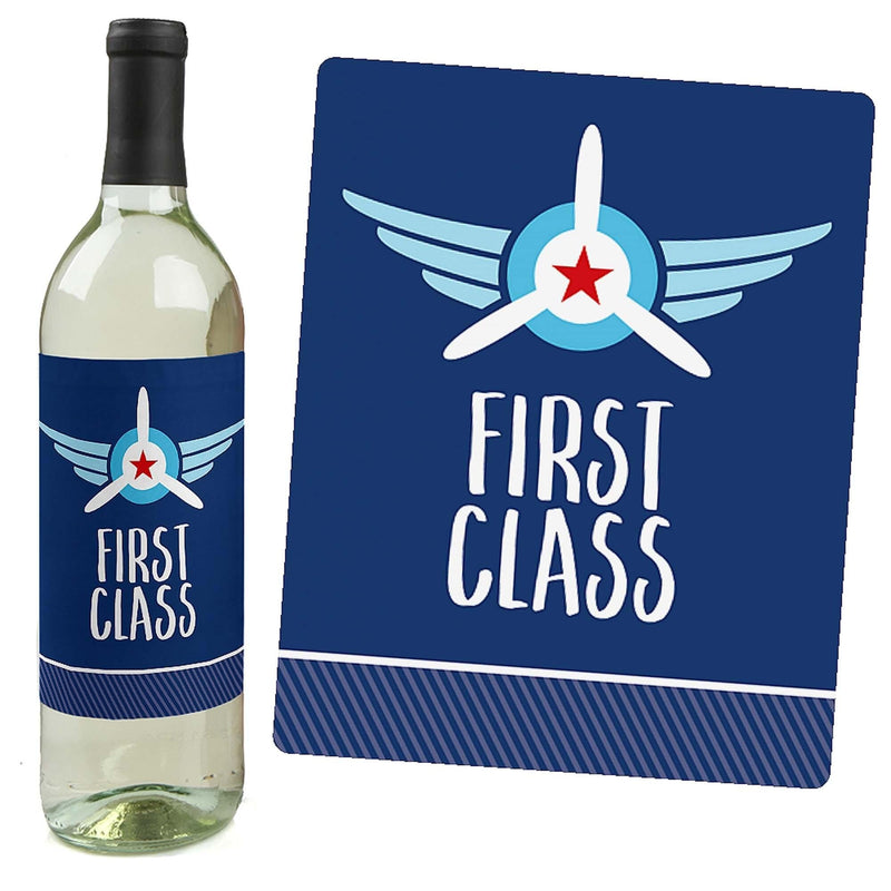 Taking Flight - Airplane - Vintage Plane Baby Shower or Birthday Party Decorations for Women and Men - Wine Bottle Label Stickers - Set of 4