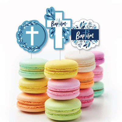 Baptism Blue Elegant Cross - Dessert Cupcake Toppers - Boy Religious Party Clear Treat Picks - Set of 24