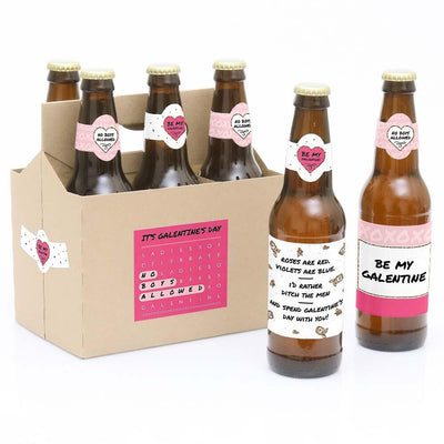 Be My Galentine - Valentine's Day - Decorations for Women and Men - 6 Beer Bottle Labels and 1 Carrier
