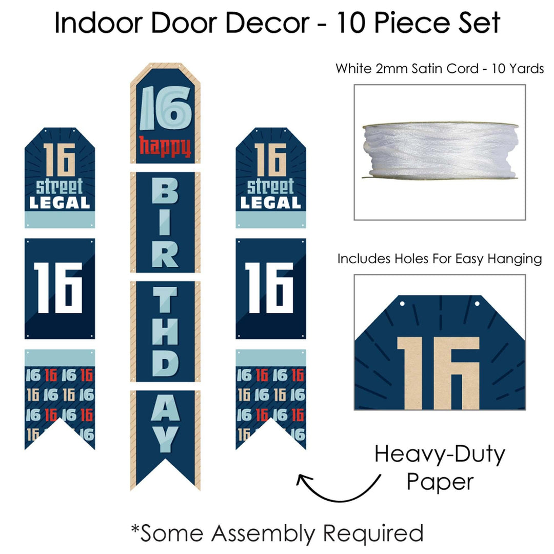 Boy 16th Birthday - Hanging Vertical Paper Door Banners - Sweet Sixteen Birthday Party Wall Decoration Kit - Indoor Door Decor