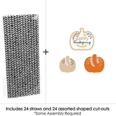 Happy Thanksgiving - Paper Straw Decor - Fall Harvest Party Striped Decorative Straws - Set of 24