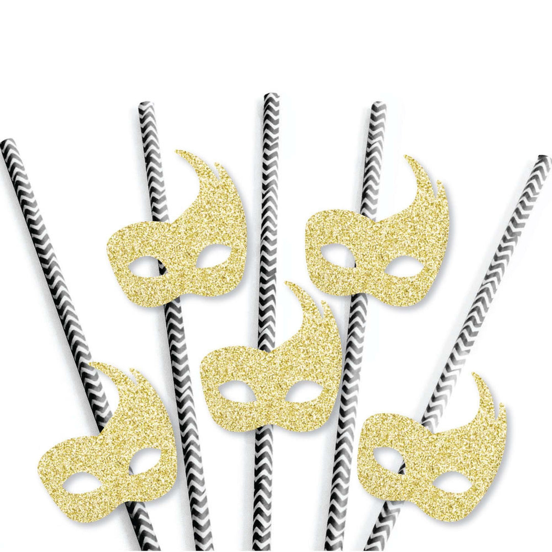Gold Glitter Masks Party Straws - No-Mess Real Gold Glitter Cut-Outs & Decorative Masquerade Mardi Gras Party Paper Straws - Set of 24
