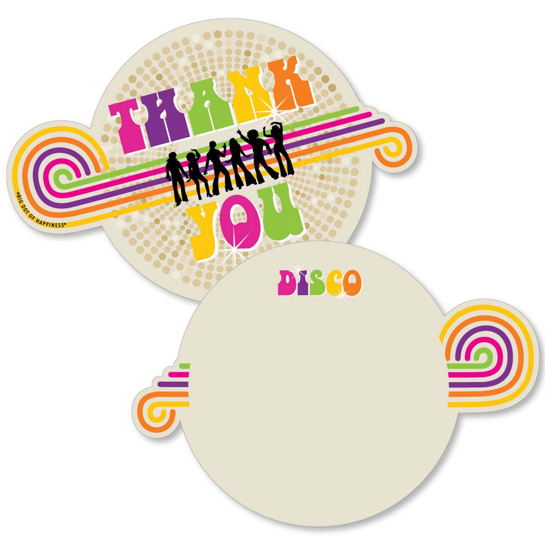 Thank you note cards with a 1970s disco theme, featuring colorful text and disco dancers, and a space to write a personal message.