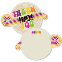 Thank you note cards with a 1970s disco theme, featuring colorful text and disco dancers, and a space to write a personal message.