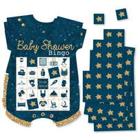 A set of baby shower bingo cards shaped like a baby bodysuit with stars and a game instruction sheet, all in navy blue with gold accents.