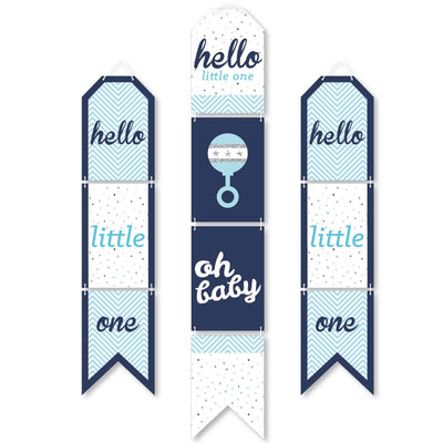 Hello Little One - Blue and Silver - Hanging Vertical Paper Door Banners - Boy Baby Shower Wall Decoration Kit - Indoor Door Decor