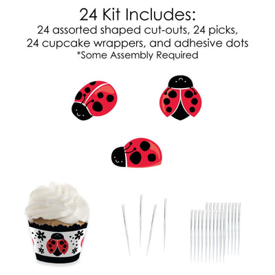 Happy Little Ladybug - Cupcake Decoration - Baby Shower or Birthday Party Cupcake Wrappers and Treat Picks Kit - Set of 24