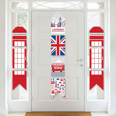 Cheerio, London - Hanging Vertical Paper Door Banners - British UK Party Wall Decoration Kit - Indoor Door Decor