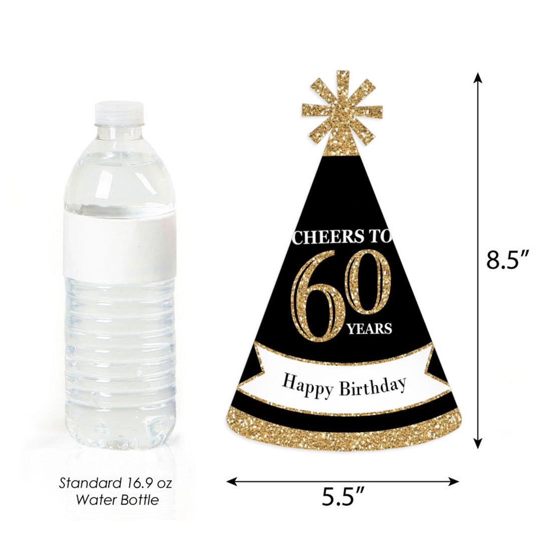 Adult 60th Birthday - Gold - Cone Birthday Party Hats for Adults - Set of 8 (Standard Size)