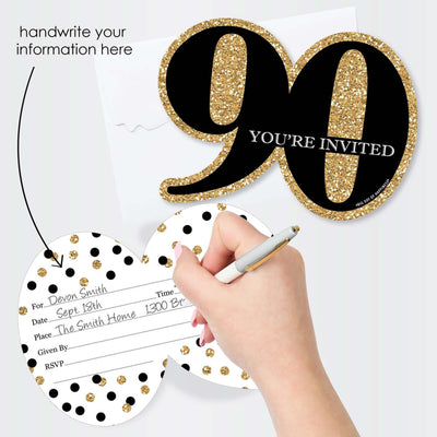 Adult 90th Birthday - Gold - Shaped Fill-In Invitations - Birthday Party Invitation Cards with Envelopes - Set of 12