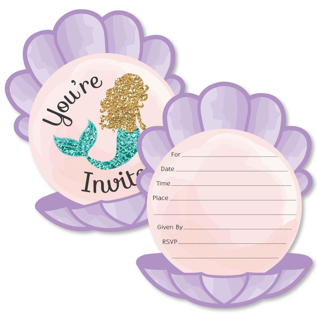Let's Be Mermaids - Shaped Fill-In Invitations - Baby Shower or Birthday Party Invitation Cards with Envelopes - Set of 12
