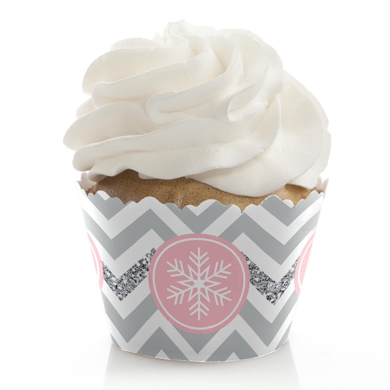 Pink Winter Wonderland - Holiday Snowflake Birthday Party and Baby Shower Decorations - Party Cupcake Wrappers - Set of 12