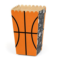 A Nothin' But Net - Basketball themed popcorn treat box with orange and black colors and basketball patterns.