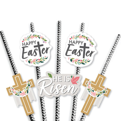 Religious Easter - Paper Straw Decor - Christian Holiday Party Striped Decorative Straws - Set of 24