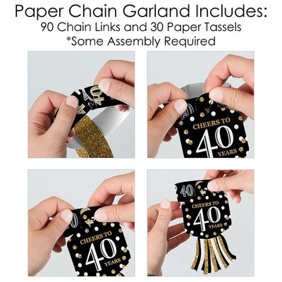 Adult 40th Birthday - Gold - 90 Chain Links and 30 Paper Tassels Decoration Kit - Birthday Party Paper Chains Garland - 21 feet