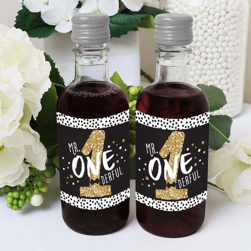1st Birthday Little Mr. Onederful - Mini Wine and Champagne Bottle Label Stickers - Boy First Birthday Party Favor Gift for Women and Men - Set of 16