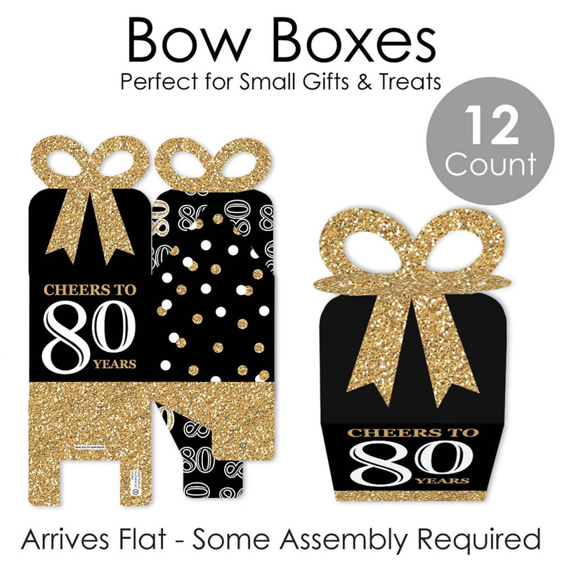 Adult 80th Birthday - Gold - Square Favor Gift Boxes - Birthday Party Bow Boxes - Set of 12