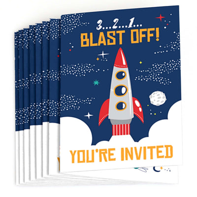 Blast Off to Outer Space - Fill In Rocket Ship Baby Shower or Birthday Party Invitations - 8 ct