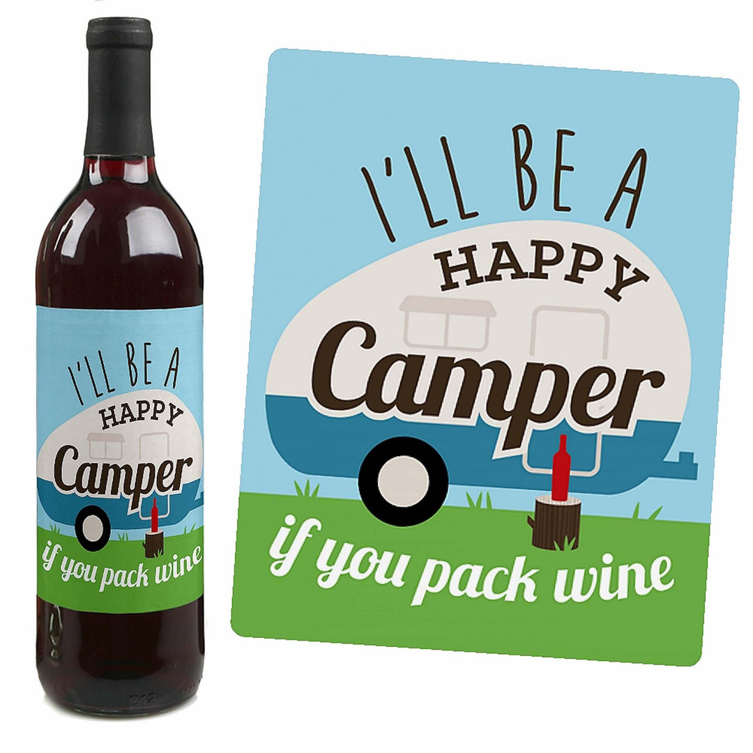 Happy Camper - Camping Baby Shower or Birthday Party Decorations for Women and Men - Wine Bottle Label Stickers - Set of 4
