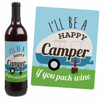 Happy Camper - Camping Baby Shower or Birthday Party Decorations for Women and Men - Wine Bottle Label Stickers - Set of 4