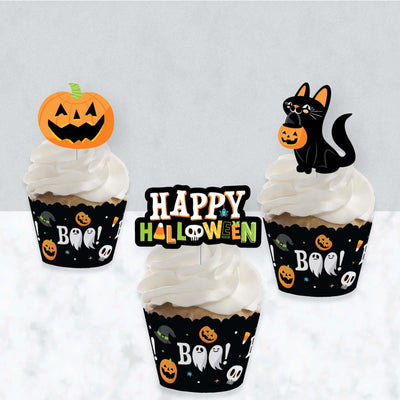 Jack-O'-Lantern Halloween - Cupcake Decorations - Kids Halloween Party Cupcake Wrappers and Treat Picks Kit - Set of 24
