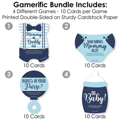 Baby Boy - 4 Blue Baby Shower Games - 10 Cards Each - Who Knows Mommy Best, Mommy or Daddy Quiz, What's in Your Purse and Oh Baby - Gamerific Bundle