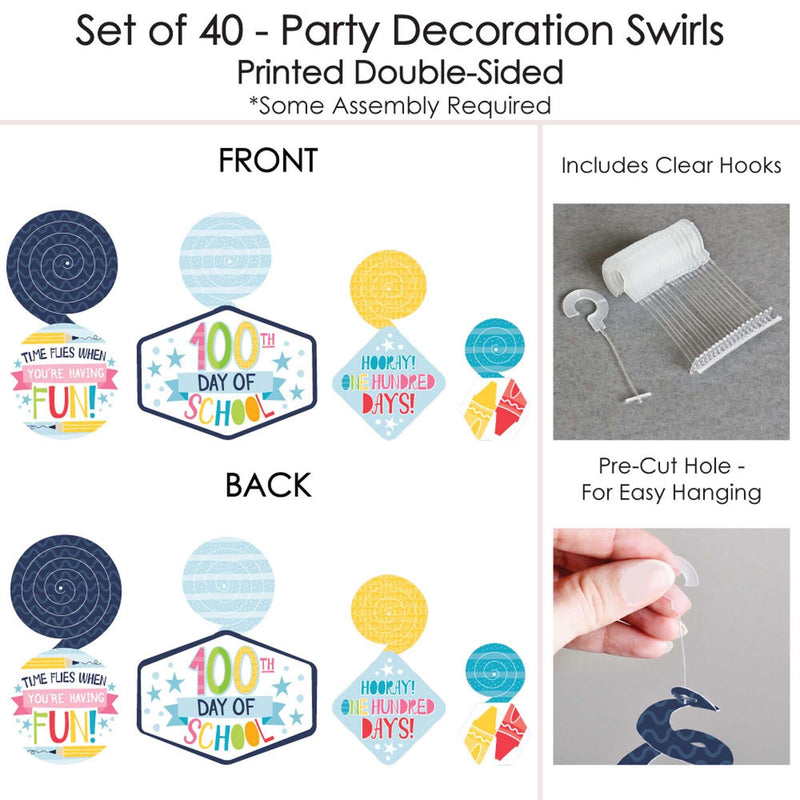 Happy 100th Day Of School - 100 Days Party Hanging Decor - Party Decoration Swirls - Set Of 40