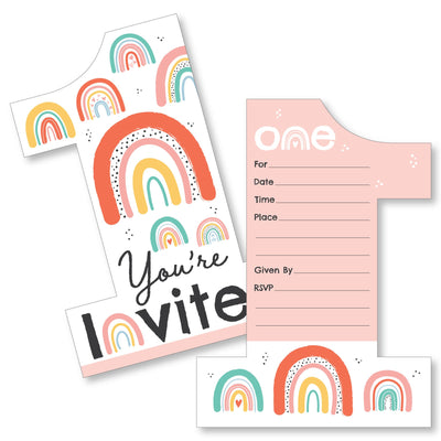 1st Birthday Hello Rainbow - Shaped Fill-In Invitations - Boho First Birthday Party Invitation Cards with Envelopes - Set of 12