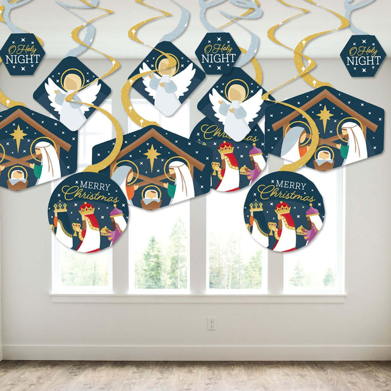 Holy Nativity - Manger Scene Religious Christmas Hanging Decor - Party Decoration Swirls - Set of 40