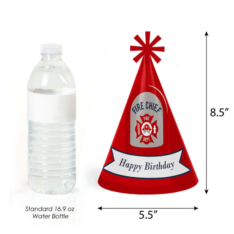 Fired Up Fire Truck - Cone Happy Birthday Party Hats for Kids and Adults - Set of 8 (Standard Size)