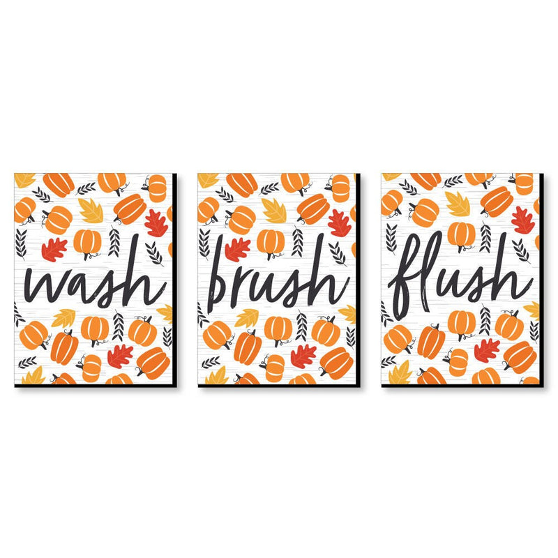 Fall Pumpkin - Halloween or Thanksgiving Kids Bathroom Rules Wall Art - 7.5 x 10 inches - Set of 3 Signs - Wash, Brush, Flush