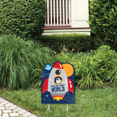Blast Off to Outer Space - Outdoor Lawn Sign - Rocket Ship Baby Shower or Birthday Party Yard Sign - 1 Piece
