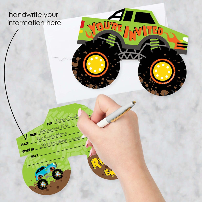 Smash and Crash - Monster Truck - Shaped Fill-In Invitations - Boy Birthday Party Invitation Cards with Envelopes - Set of 12