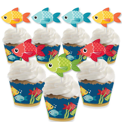 Let's Go Fishing - Cupcake Decoration - Fish Themed Party or Birthday Party Cupcake Wrappers and Treat Picks Kit - Set of 24
