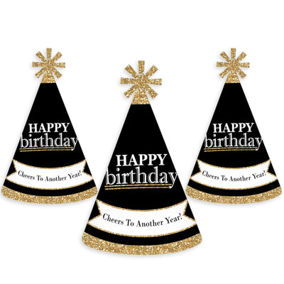 Adult Happy Birthday - Gold - Cone Birthday Party Hats for Kids and Adults - Set of 8 (Standard Size)