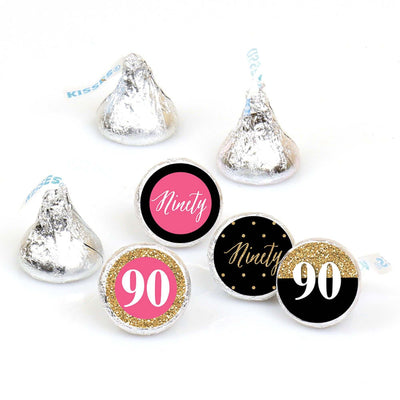 Chic 90th Birthday - Pink, Black and Gold - Round Candy Labels Birthday Party Favors - Fits Hershey's Kisses - 108 ct
