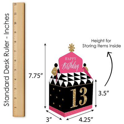 Chic 13th Birthday - Pink, Black and Gold - Treat Box Party Favors - Birthday Party Goodie Gable Boxes - Set of 12