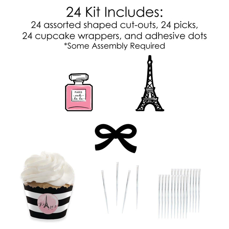 Paris, Ooh La La - Cupcake Decorations - Paris Themed Baby Shower or Birthday Party Cupcake Wrappers and Treat Picks Kit - Set of 24