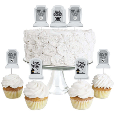 Graveyard Tombstones - Dessert Cupcake Toppers - Halloween Party Clear Treat Picks - Set of 24