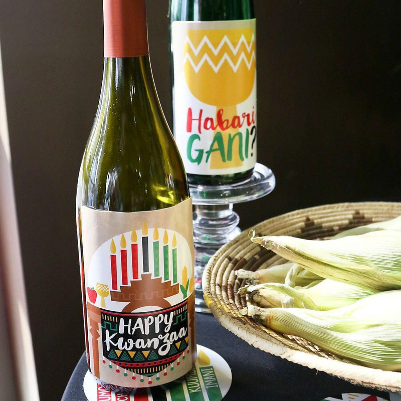 Happy Kwanzaa - African Heritage Holiday Decorations for Women and Men - Wine Bottle Label Stickers - Set of 4
