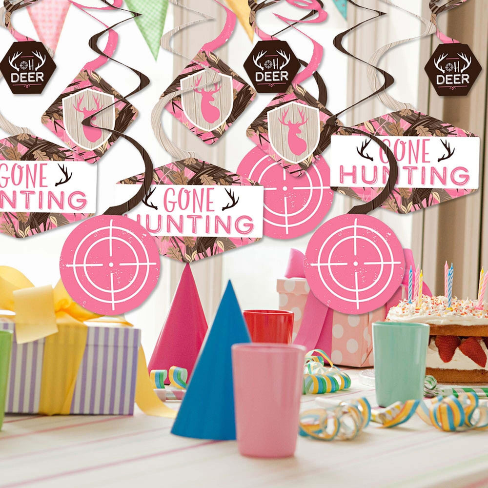 Pink Gone Hunting - Deer Hunting Girl Camo Baby Shower or Birthday Party Hanging Decor - Party Decoration Swirls - Set of 40