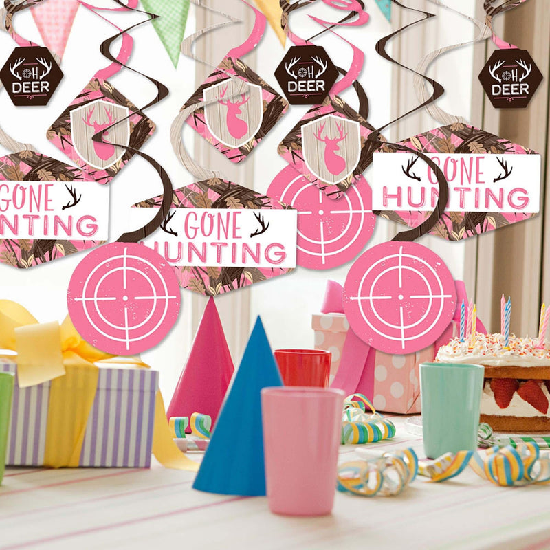 Pink Gone Hunting - Deer Hunting Girl Camo Baby Shower or Birthday Party Hanging Decor - Party Decoration Swirls - Set of 40